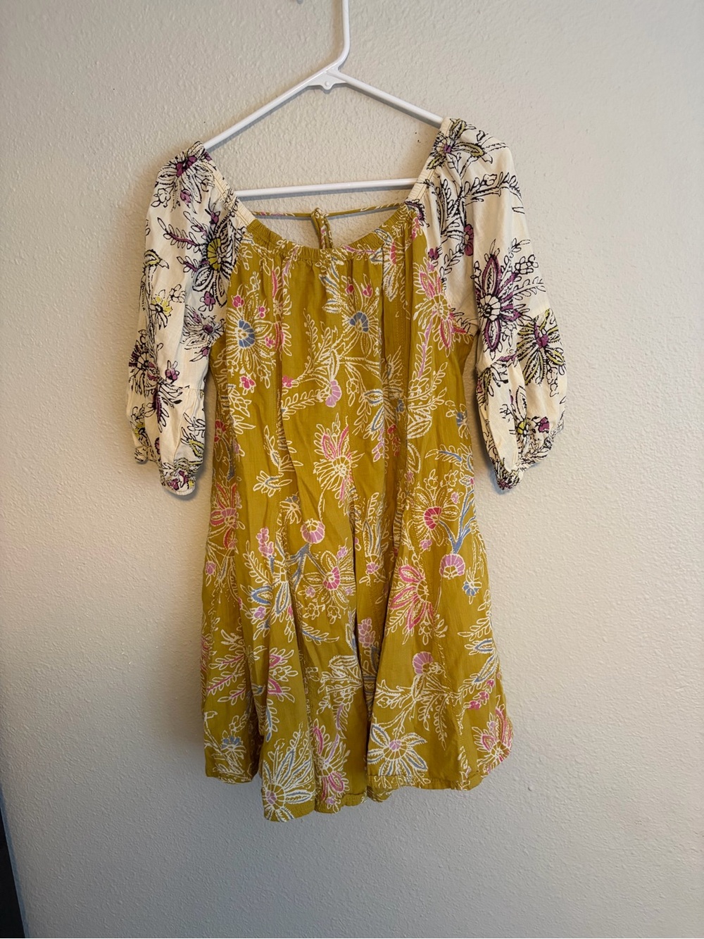 Boho Whimsy Floral Fairy Mini Dress in Mustard and Cream